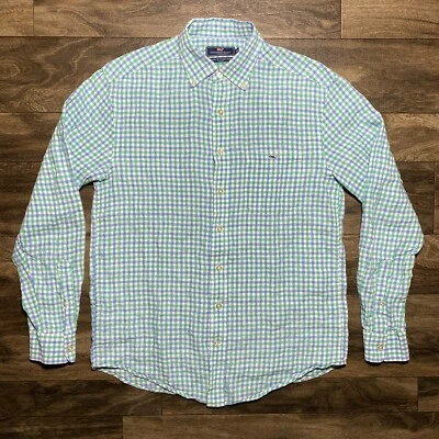 Camisa de lino Vineyard Vines para hombre mediana azul verde guinga calce clásico Tucker Whale Foto 1 de 4