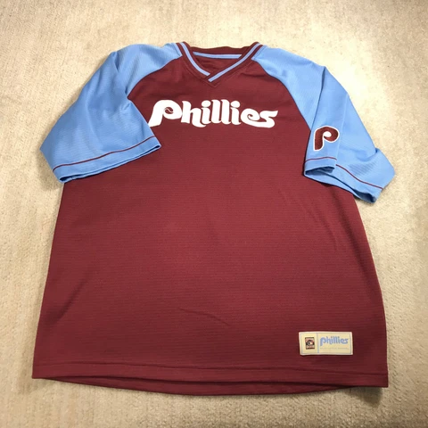 Cooperstown Collection Jersey Mens Medium Phillies Red Blue Pullover Baseball Cover