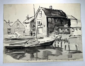 Vtg Impressionism Watercolor Painting Ships Harbor 11x14” Sailboat Marinara B&W - Picture 1 of 11