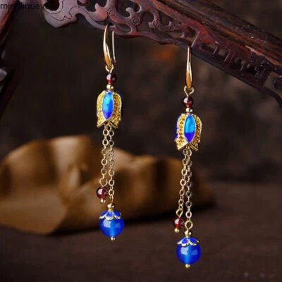 Chinese Agate/Cloisonne/Garnet Tassels Tibetan Style Earbob Earrings - Image 1 of 4