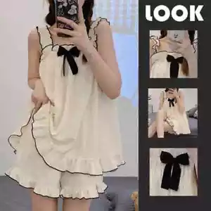 Pajama Sets Women Sleeveless Bow Summer Cool Sweet Sleepwear Princess Soft Comfo - Picture 1 of 28