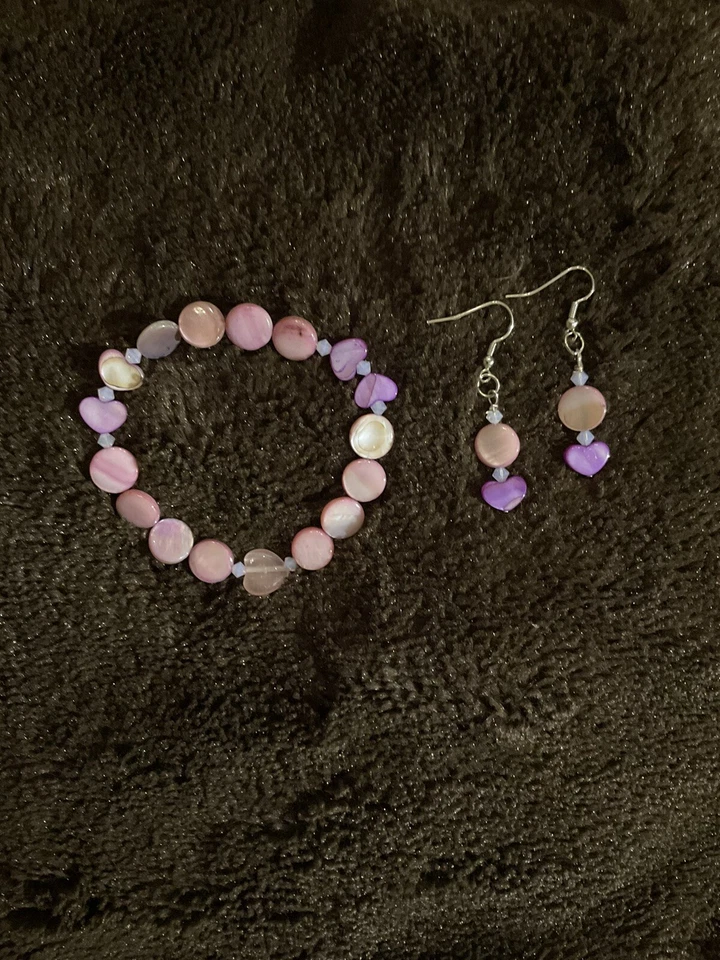Hermosa Pulsera y Pendientes Botón y Corazón Concha y Cristal Ópalo Rosa Foto 1 de 1
