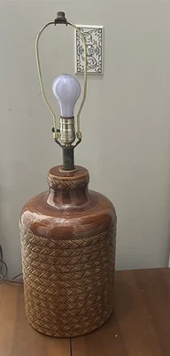 Vintage Table Lamp Ceramic Basketweave Woven Brown Rustic Farmhouse Large  - Image 1 of 4