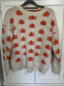 Vince Camuto Oversized Pumpkin Print Sweater Beige Orange Fall XS Womens Cozy - Picture 1 of 6