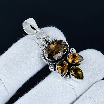 Antico Fumoso Topazio Gemma Ciondolo 925 Argento Sterling Fatto a Mano Gioielli - Immagine 1 di 4