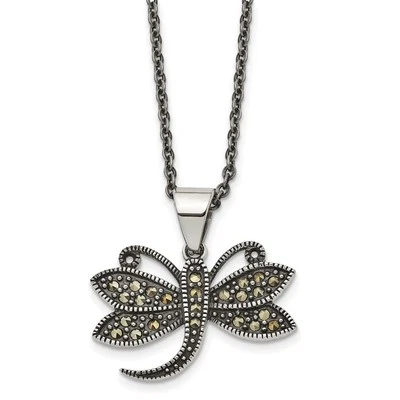 Stainless Steel with Marcasite Dragonfly Pendant on an Cable Chain Necklace 18" - Изображение 1 из 4