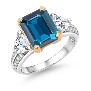 5.13 Cttw London Blue Topaz and White Moissanite 3 Stone Engagement Ring For - Picture 1 of 4