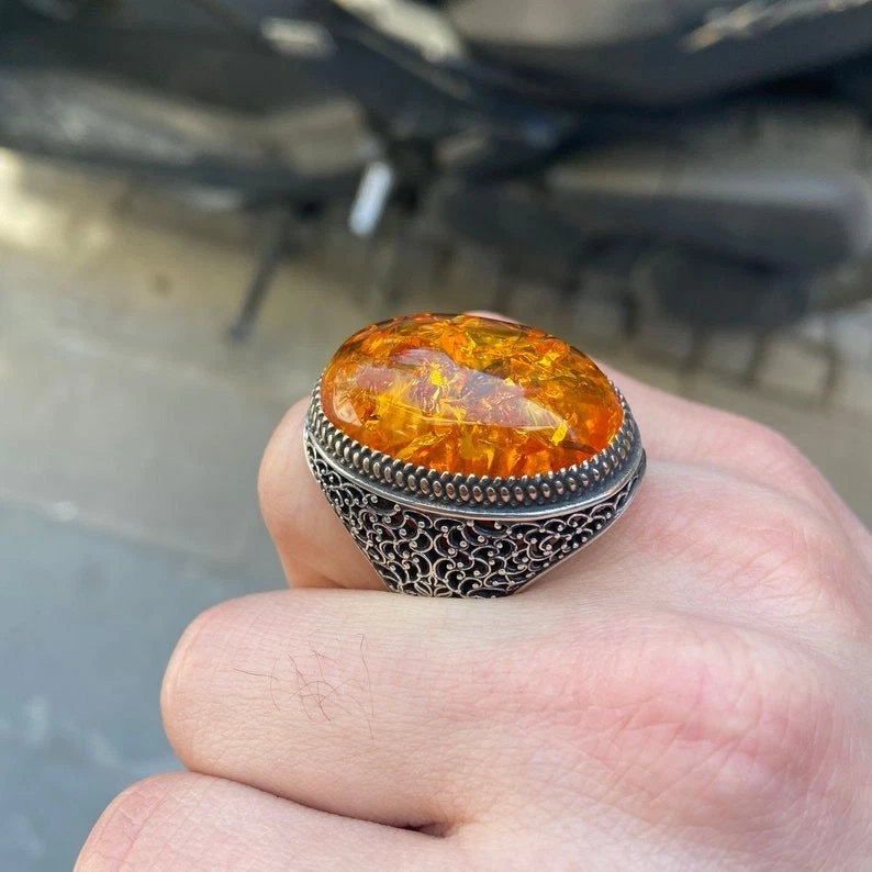 Man Silver Large Amber Stone Orange Gemstone Ring - Image 1 of 4