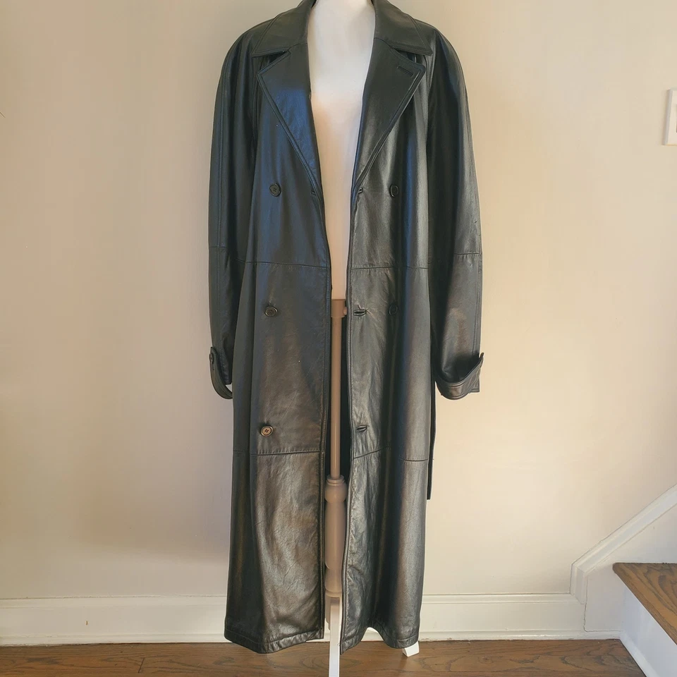 Vintage LINEAGE 90' Black Heavy Insulated Leather Long Men's Trench Coat Sz XL - Image 1 of 4