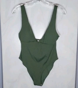 H & M Ribbed One Piece Swimsuit M Sage Green Padded Stretch High Leg Wide Straps - Picture 1 of 8