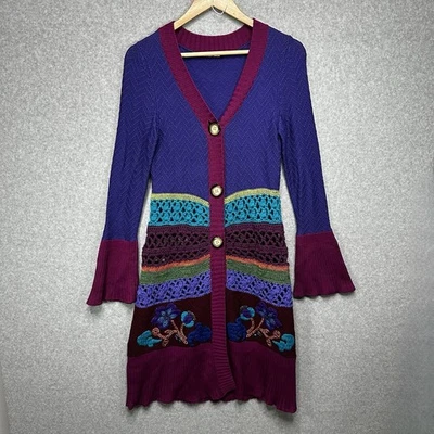 Michael Simon Mujer Abierto Crochet Floral Largo Suéter Cárdigan Abotonado RARO XS Foto 1 de 4