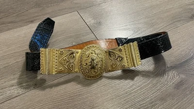 Vintage Alexis Kirk Gold Tone Lion Head Buckle Black Snakeskin Embossed Belt - Image 1 of 4