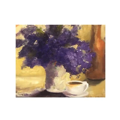 ACEO ATC 签名艺术印刷品“茶和丁香”艺术家集换卡花卉静物 — 第 1/3 张图片