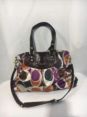 COACH ASHLEY OP ART SCARF Print Sateen Patent Mahogany SATCHEL Purse Bag F20113. - Image 1 of 4