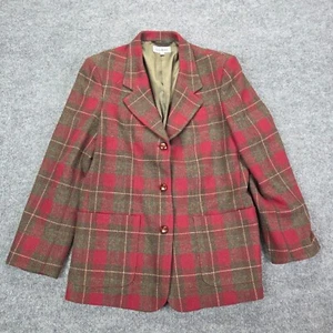 L.L. BEAN Vintage Red Plaid Leather Button Wool Blazer Womens 12 Classic Holiday - Picture 1 of 12