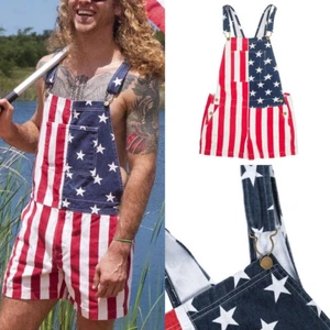 Men American Flag Dungarees Overall Bib Jeans Denim Jumpsuit Pants Shorts Outfit - Picture 1 of 21