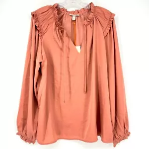 NWT Knox Rose Satin Long Sleeve Blouse V Neck Ruffle Collar Pink Size X Large - Picture 1 of 5