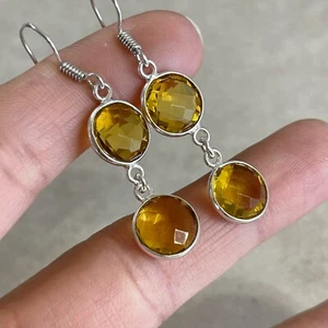 NATÜRLICHE RUNDE GELBE CITRIN 925 STERLINGSILBER OHRHÄNGER HAKEN 1,75" - Bild 1 von 3