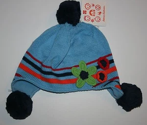 New Hanna Andersson Girls S Winter Hat Flower Applique on Blue w Pom Poms soft - Picture 1 of 2
