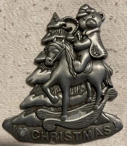 Vintage AMC Metal Pewter? Christmas Ornament Teddy Bear on Horse Made in USA - Picture 1 of 3
