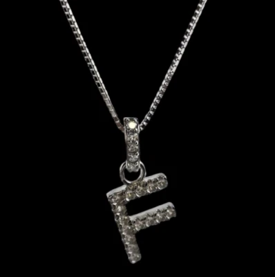 Collana lettera F argento 925 uomo donna iniziale nome puntiluce brillanti 45cm. - Immagine 1 di 4