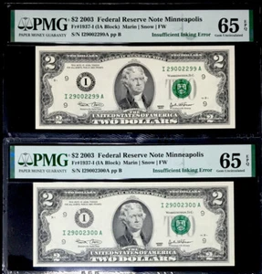 2 CONSEC. $2 FEDERAL RESERVE NOTE-INSUFFICIENT INK OF OVERPRINT ERROR-PMG#65 EPQ - Picture 1 of 6