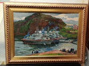 SOLODOVNIKOV ALEKSEY PAVLOVIC OLIO SU TAVOLA NAVE MILITARE RUSSO 49X35 CM - Foto 1 di 8