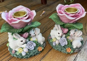 Vintage Ceramic Bunnies Rabbit Candle Stick Holders Pink Roses Garden Set Of 2 - Picture 1 of 2
