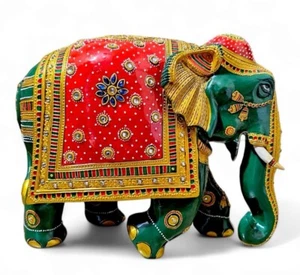 Large Handmade Wooden Carved Indian Meena Painted Elephant - Picture 1 of 1