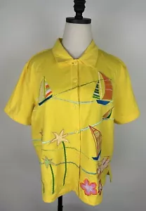 Camisa ONQUE Informal Bordada L Amarillo Brillante Apliques Tropical Velero Océano - Imagen 1 de 11
