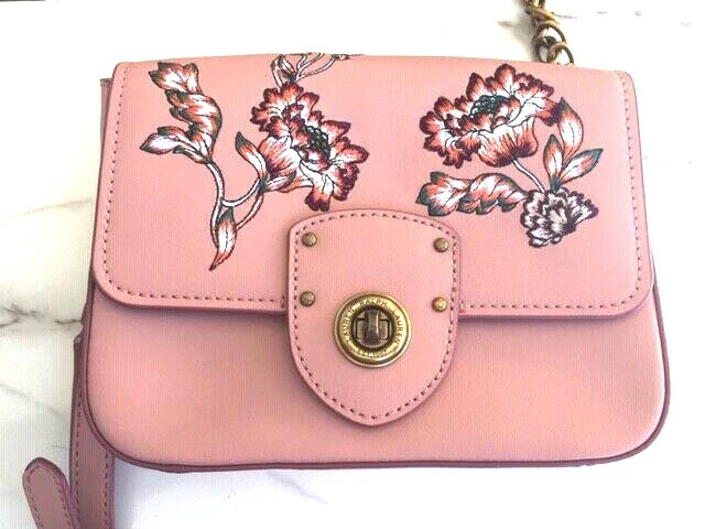 Ralph Lauren Millbrook Chain Crossbody Purse Rose Bloom Pink Floral Leather