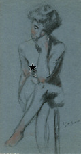 Antike alte Bleistiftzeichnung Original nackte Frau sitzend 1901