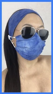 Passende Stirnband Maske 100% Baumwolle 2-lagig waschbar verstellbar Ohrschlaufe Batik blau - Bild 1 von 6