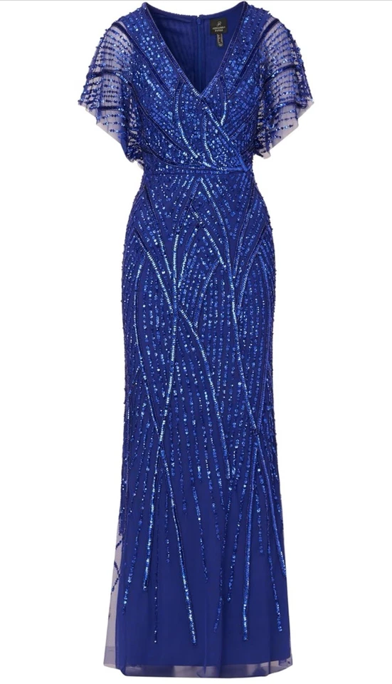 Vestido largo para mujer Adrianna Papell azul adornado manga acampanada talla 12 Foto 1 de 4