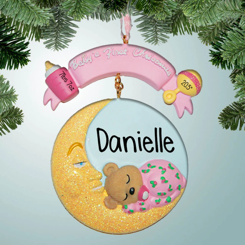 婴儿熊睡在月球上 - 女孩 - 个性化装饰品 — 第 1/1 张图片