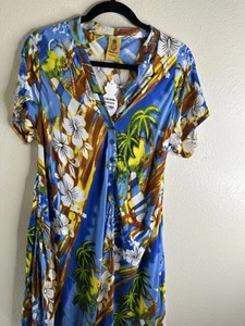 NWT Pineapple Free Size Blue w/Tropical Flowers & Trees Resort Vacation Dress - Picture 1 of 9