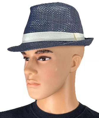 Pollywood Blue Woven Fedora Hat White Band Unisex Adult Paper Straw - Image 1 of 4