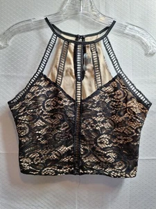 CHARLOTTE RUSSE Lace Overlay Halter Top Sz XS Black Beige Y2K Dark Romantic Goth - Picture 1 of 5