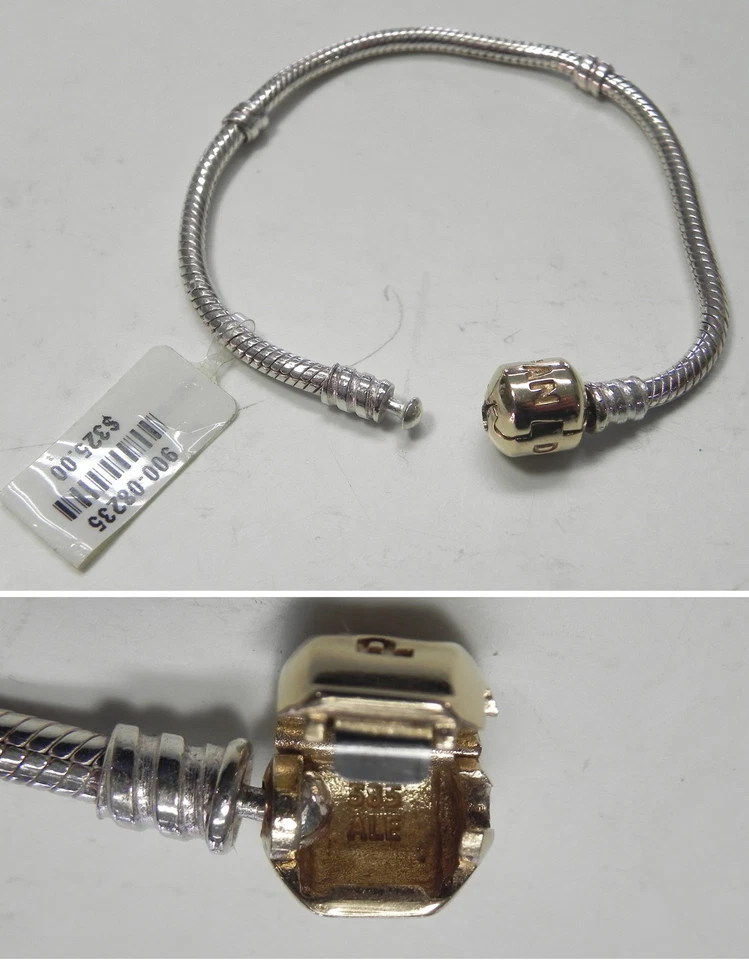 S875  PANDORA ALE 925 Sterling Silver 14K Gold Clasp 6-1/2" Snake Charm Bracelet - Image 1 of 1