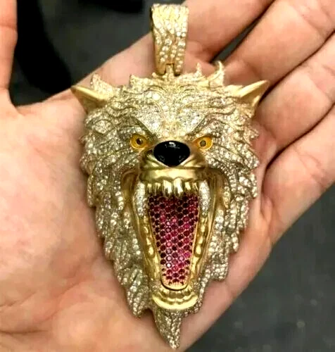 14k Yellow Gold Finish Round Cut Lab-Created Diamond Mens Roar Wolf Head Pendant - Image 1 of 1