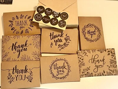 93 tarjetas de agradecimiento Kraft interiores en blanco marrón rústico con sobres y pegatinas Foto 1 de 4