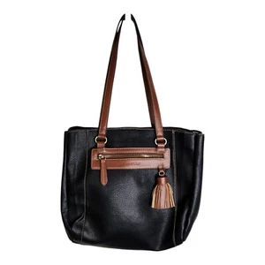 St John's Bay Black & Brown Three Section Shoulder Bag Purse Faux Leather Tassel - Picture 1 of 9