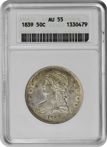 1839 Bust Silver Half Dollar AU55 ANACS Cover