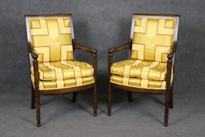 Incredible Pair of French Empire Style Walnut and Vibrant Yellow Bergere Chairs - Image 1 of 4