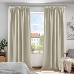 Window Treatment Blackout Curtains Pencil Pleat 52 x 63 Inch Light Beige Pair - Picture 1 of 8