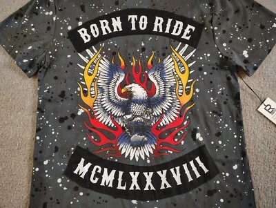 LR Scoop Mens T Shirt L Allover Paint Splatter Born to Ride Eagle Flames Graphic - image 1 of 4
