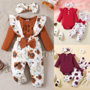 Newborn Baby Girl Ruffle Romper Tops Floral Dungarees Pants Outfits Set Clothes - Picture 1 of 25