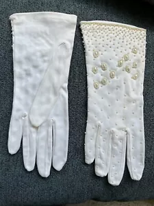 Guantes blancos con cuentas elásticos de nailon hechos en Hong Kong talla 8 guantes de noche vintage- - Imagen 1 de 3