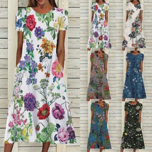 Boho Women Floral Crew Neck Sundress Ladies Beach Short Sleeve Maxi Dress Summer - Picture 1 of 25