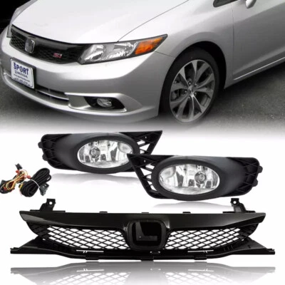 For 2009 2010 2011 Honda Civic Sedan Front Bumper Gloss Black Grille /Fog Lights - Image 1 of 4